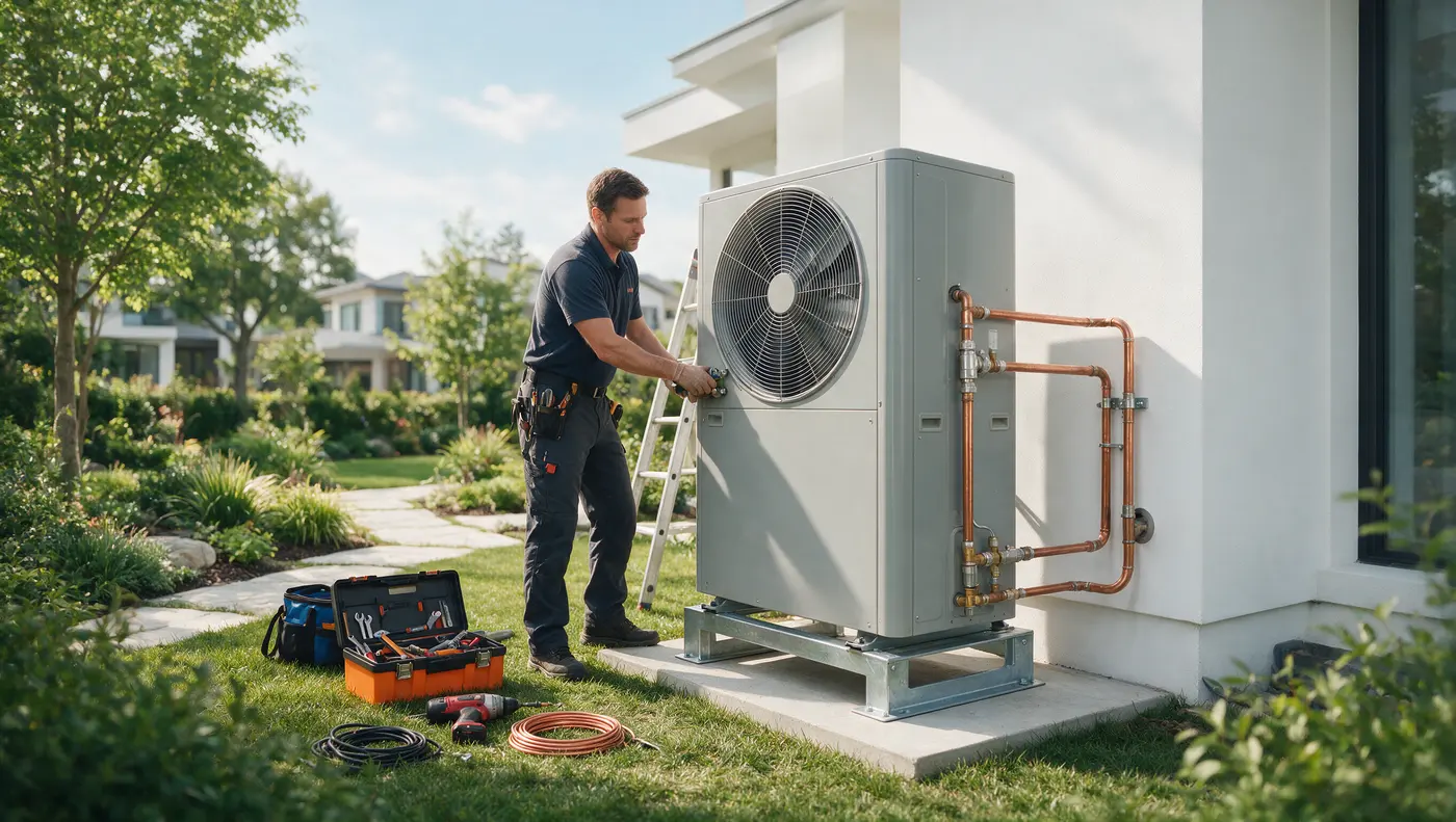 Completed heat pump installation with clean copper piping